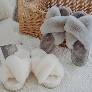 Grey Cross Band Open-Toed Fluffy Slippers