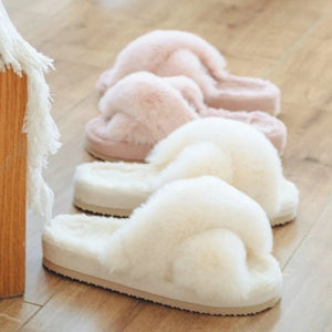 Cream Cross Band Open-Toed Fluffy Slippers