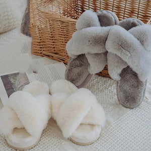 Cream Cross Band Open-Toed Fluffy Slippers