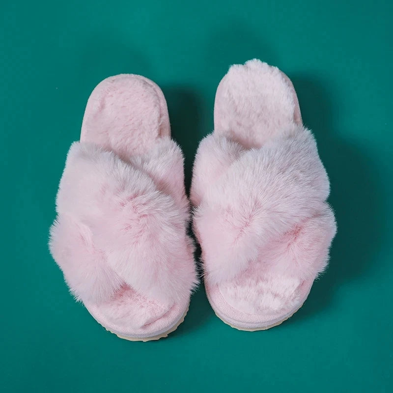 Cross-Band Open Toe Plush Slippers