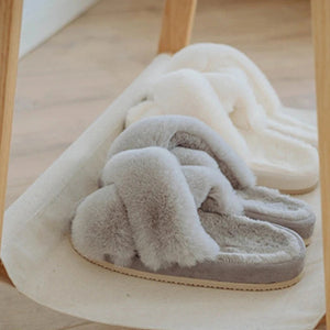 Cream Cross Band Open-Toed Fluffy Slippers