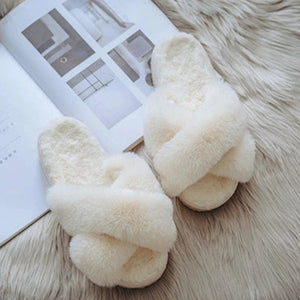 Cross-Band Open Toe Plush Slippers