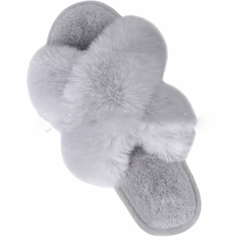 Cream Cross Band Open-Toed Fluffy Slippers