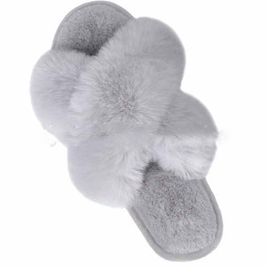 Grey Cross Band Open-Toed Fluffy Slippers