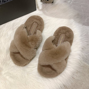 Coffee Brown Furry Crossover Slippers