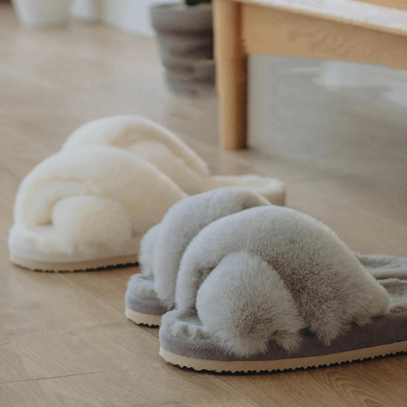 Cream Cross Band Open-Toed Fluffy Slippers