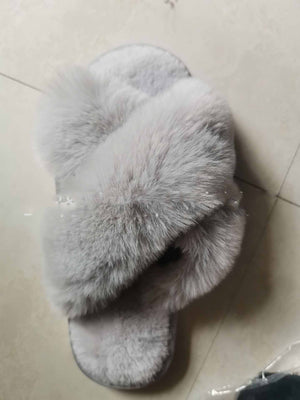 Grey Cross Band Open-Toed Fluffy Slippers